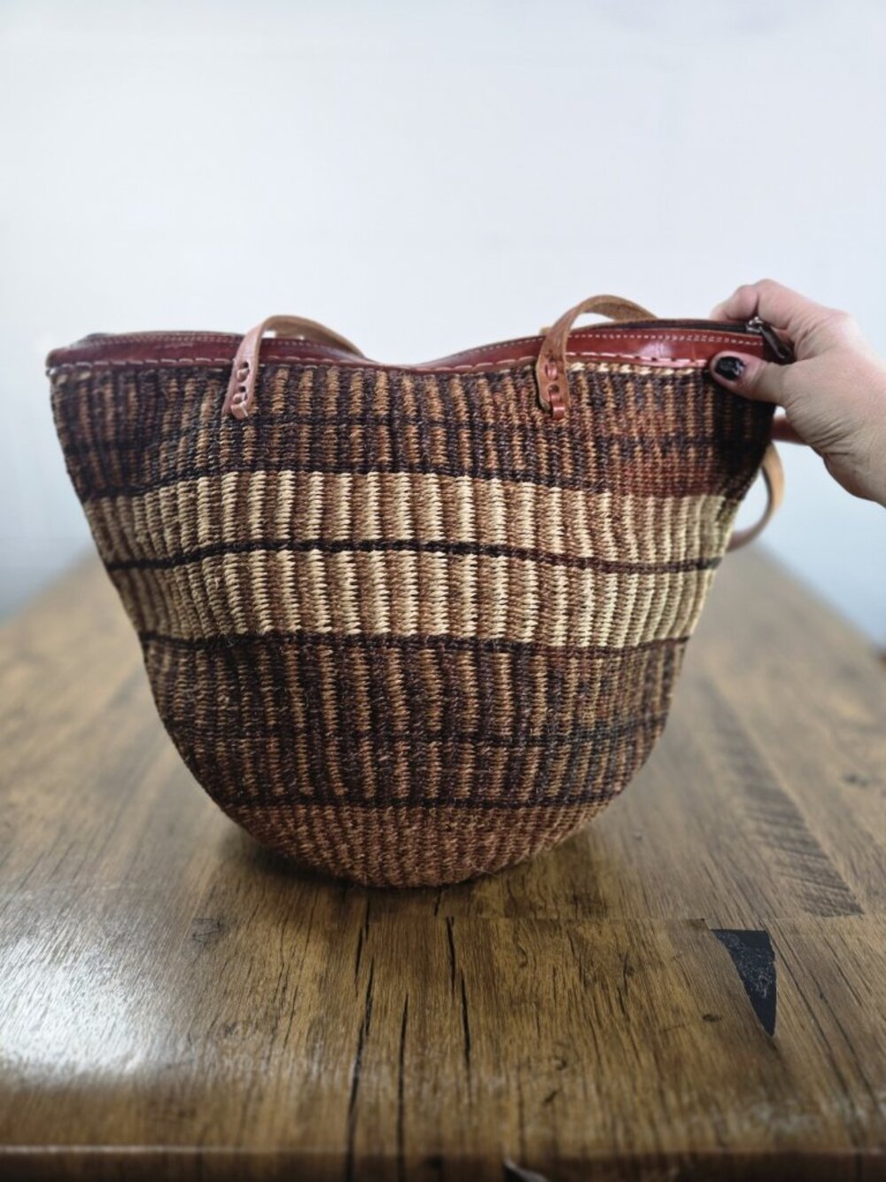 vtg Sisal Jute leather shopper tote african kenya tote purse zip closure - Picture 5 of 10